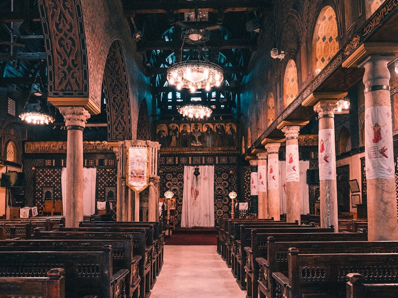 Painted wood ceiling and icon panels at the Coptic Museum in Mar Girgis